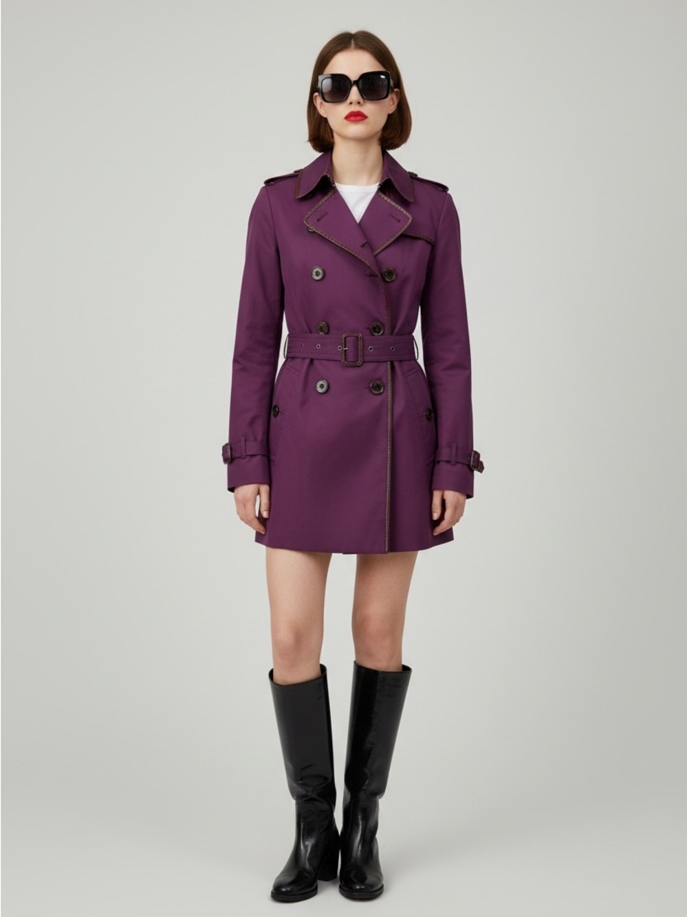 Burberry Purple Double-Breasted Belted Trench Coat